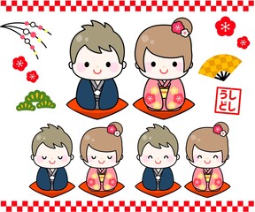 お正月向け　着物の男女イラスト