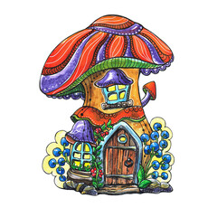 Cartoon mushroom.Illustration.Watercolor painting.Hand drawing.Fairy mushroom house.