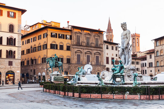 FLORENCE, ITALY - NOVEMBER 4, 2016: Fountain of Neptune on Piazza della Signoria in Florence city. Fointain was built in1565 by sculptor Bartolomeo Ammannati