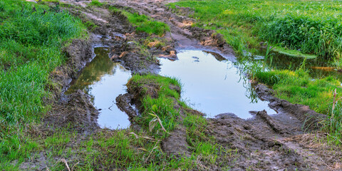 dirty rural road with big puddle after rain on farmland field