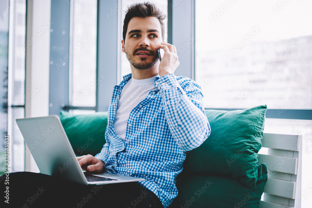 Poster caucasian male freelancer calling to operator for discussing new tariff for using 4g wireless intern