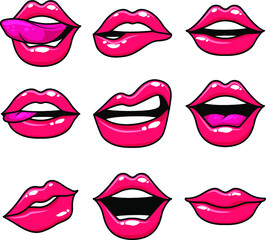 Fashion patch badges with lips and white stroke. Set of stickers and patches in cartoon 80s-90s comic style in vector. Ready for print