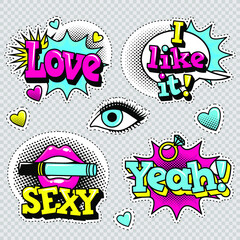 Fototapeta premium Fashion patch badges with lips, hearts,shoes, lipstick,cosmetics, stars, cool text and other elements with stroke. Set of stickers and patches in cartoon 80s-90s comic style in vector. Ready for print