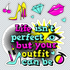 Fashion patch badges with lips, hearts,shoes, lipstick,cosmetics, stars, cool text and other elements with stroke. Set of stickers and patches in cartoon 80s-90s comic style in vector. Ready for print