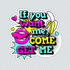 Fashion patch badges with lips, hearts,shoes, lipstick,cosmetics, stars, cool text and other elements with stroke. Set of stickers and patches in cartoon 80s-90s comic style in vector. Ready for print