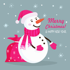 Merry Christmas and Happy New Year!  Snowman wearing a red knitted scarf and a Santa Claus hat. Nearby is a bag with gifts. Symbol of Christmas. Congratulations card. Vector flat illustration