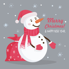 Merry Christmas and Happy New Year!  Snowman wearing a red knitted scarf and a Santa Claus hat. Nearby is a bag with gifts. Symbol of Christmas. Congratulations card. Vector flat illustration