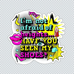 Fototapeta premium Fashion patch badges with lips, hearts,shoes and sexy quotes on white background with stroke. Set of stickers and patches in cartoon 80s-90s comic style in vector. Ready for print