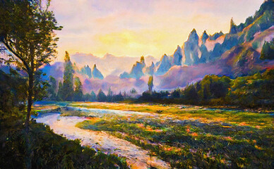 Bright morning landscape of the mountains with a winding small river. Digital painting structure