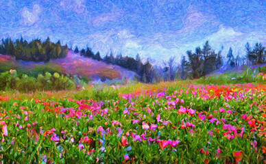 Mountain landscape with a large flower meadow. Digital painting structure