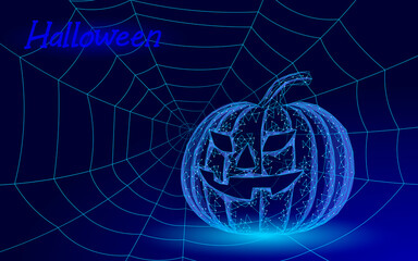 Halloween 3D pumpkin Jack bats and spider. Geek holiday party scary flyer. Low poly geometric polygon triangle design. Halloween creepy spooky card template vector illustration