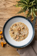 Creamy risotto with girolle mushrooms, directly above view on rustic old wooden table