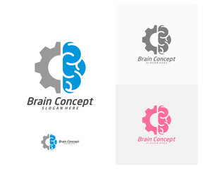 Brain with Gear Logo design vector template. Think idea concept. Brainstorm power thinking brain icon Logo.