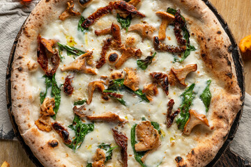 Close up of mushroom pizza with wild forest girolle and basil leaves, gourmet seasonal meal, macro texture