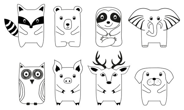 Set of stylized animals in doodle style. Raccoon, bear, sloth, elephant, owl, pig, deer, dog. Monochrome vector contour drawings. Coloring book page for kids
