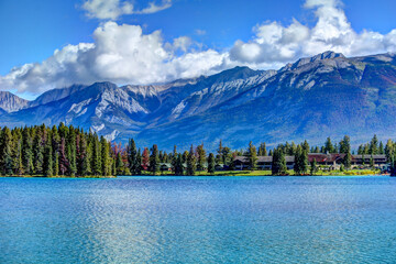 Views of Jasper Park Lodge Resort from accross Lake Beauvert