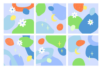 Set of six abstract magic backgrounds. Hand drawn various shapes and doodle objects. Different elements. Contemporary modern vector illustrations. Every background is isolated. Bright trendy colors.