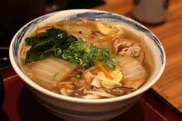 Close up of a bowl of delicious pork and vegetable udon noodles, Fukuoka, Japan, soft focus