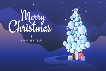 Bright New Year card with a festive Christmas tree on a dark background. Abstract Christmas tree made of circles with a gradient with gifts. Christmas decorations and garlands. 