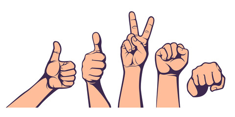 Hand gesture set. Sign of Like, Yes, Victory, Peace, Freedom, Fight. Concept for political, social poster. Vector illustration.