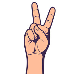 Sign of victory or peace. Hand gesture of human. Two fingers raised up. Concept for political, social poster. Vector illustration.
