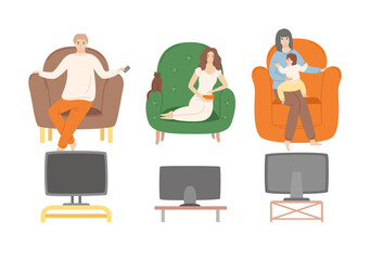 People at home vector, man holding remote control and woman sitting in armchair eating rood, cat pet. Family consisting of mother and small child