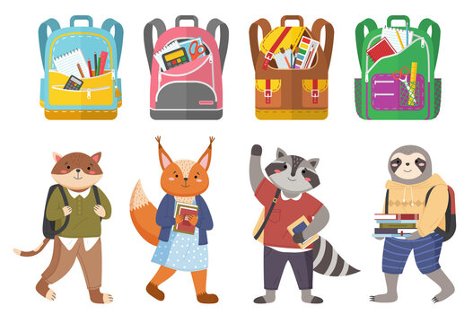 Cute animals students and bags collection, colorful vector banner with schoolchildren characters and bright schoolbags set with school supplies on white. Kids backpacks with education equipment