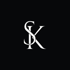 Initial Letter SK KS Intersected Monogram Logo in black and white color.