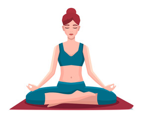 Woman sitting in lotus position practicing meditation. Yoga girl vector  illustration.
