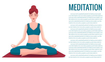 Woman sitting in lotus position practicing meditation. Yoga girl vector illustration.