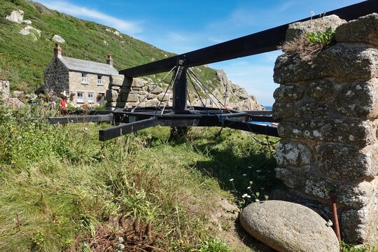 The old capstan at Penberth, one of the last traditional fishing coves in the UK. The manual capstan would have been used to haul the fishing boats up the slipway,