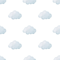 Cute minimalist seamless pattern with blue clouds. Watercolor hand-drawn illustration. Perfect for textile, fabrics, wrapping paper, linens, invitations, cards, prints, nursery decor, covers.