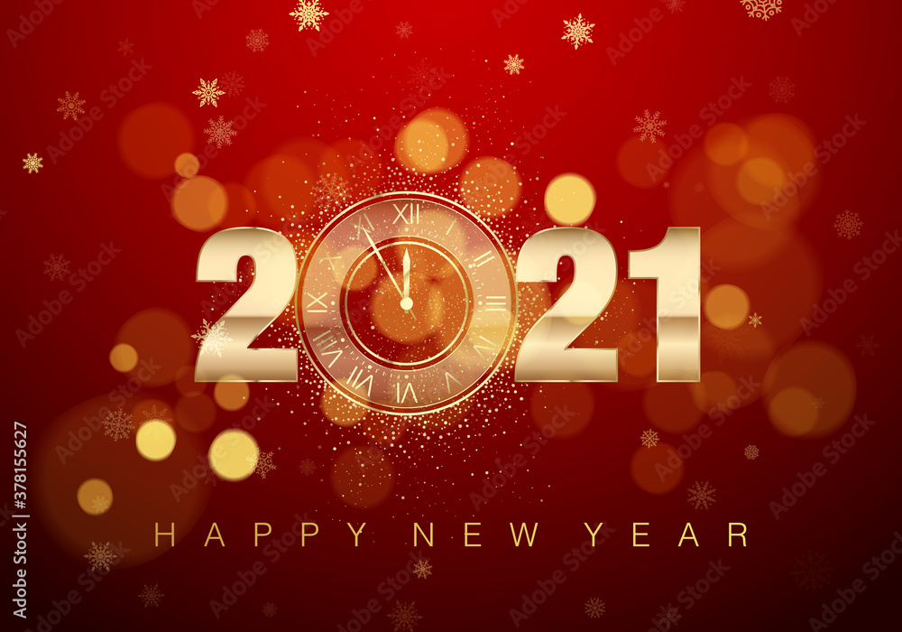 Poster 2021 new year poster with greeting text. golden clock instead of zero. holiday midnight countdown in