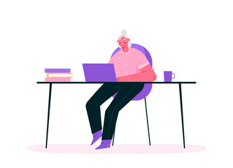 Remote work or senior education online. Old woman working at home office, sitting at desk in room, looking at computer screen and talking with colleagues online. Home office. Flat vector illustration.