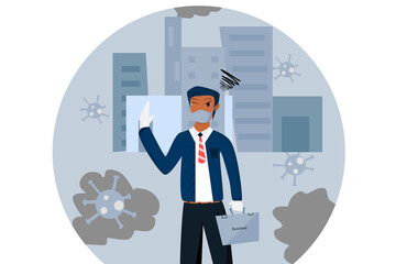 Young businessman  Who are putting their hands to protect the dust  The disease exists, the man wearing a mask to prevent disease.  A city full of dust and germs, bacteria.businessman with a briefcase