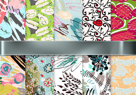 Seamless Pattern Collection with Hand Drawn Rough Abstract Strokes and Floral Elements