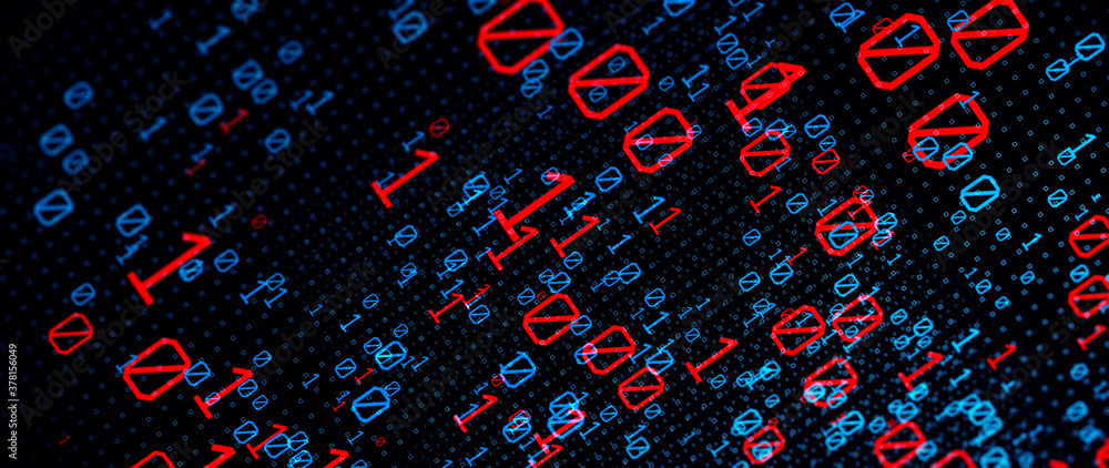 Poster Binary code  background/Blue, red  bytes of binary code flying through a vortex, background code depth of field. 3D Rendering