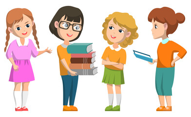 Students learning new disciplines and subjects vector, isolated characters. Education in college, schoolchildren talking and discussing themes, back to school concept. Flat cartoon