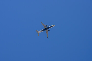 Commerical passenger aircraft seen high up in the sky above New York City
