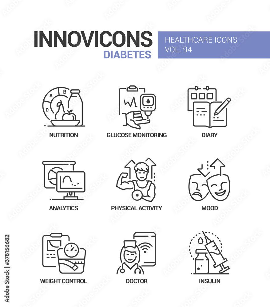 Poster diabetes - vector line design style icons set