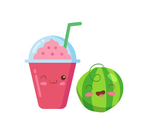 Iced Fruit Smoothie Character in a plastic cup with rich foam. Vector kawaii drink illustration in cute cartoon style isolated on white background. Watermelon funny & happy smoothie.