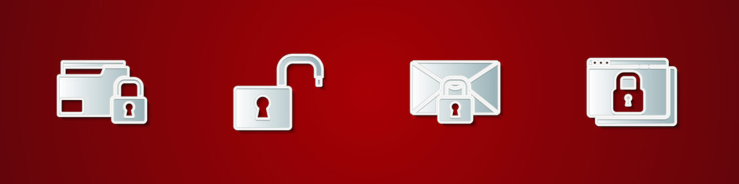 Set Folder and lock, Open padlock, Mail message password and Secure your site with HTTPS, SSL icon. Vector.