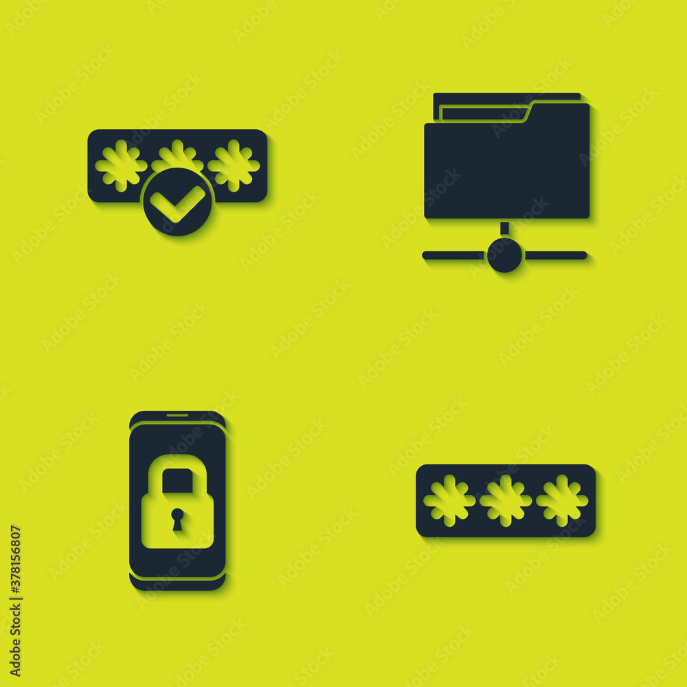 Poster set password protection, , mobile with closed padlock and ftp folder icon. vector.