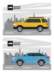 mockup cars colors blue and yellow isolated icons