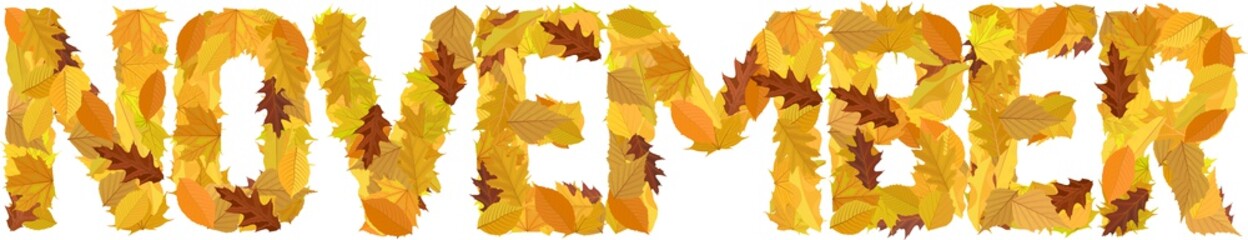 Word November With Colourful Letters Autumnal Leaves