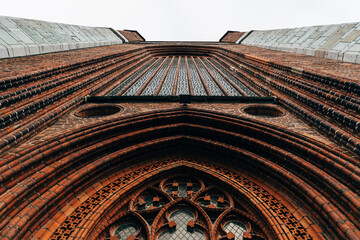 Exterior view of St. Mary Church in Stralsund. Low angle view of the main facade