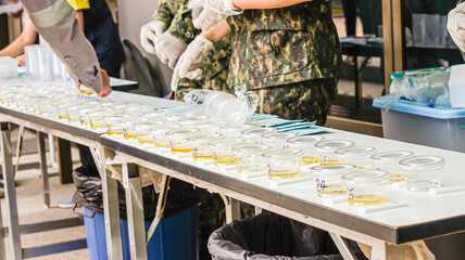 Several clear cups of urine were placed on the table, ready for the inspector to examine the narcotics contained in the urine. With a blurred background as a drug inspector.