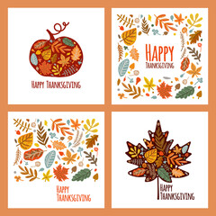 Fototapeta na wymiar Happy Thanksgiving Day. Set of autumn cards. Falling autumn leaves, maple leaf, pumpkin in hand-drawing style. Greeting card, invitation, flyer, banner, poster templates. Vector illustration.