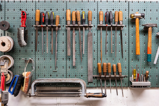 Horizontal garage shop tool rack front view tight shot