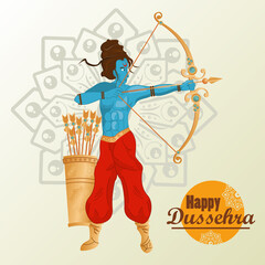 happy dussehra celebration card with blue rama and mandala